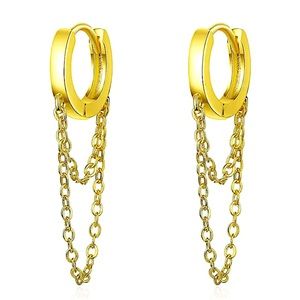 18K GOLD PLATED HOOP CHAIN DROP MINIMALIST EARRINGS